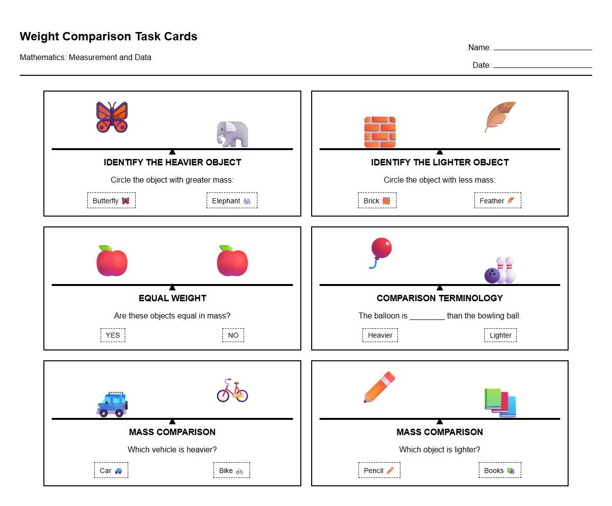 Weight Comparison Task Card Worksheet Using Technical Terminology