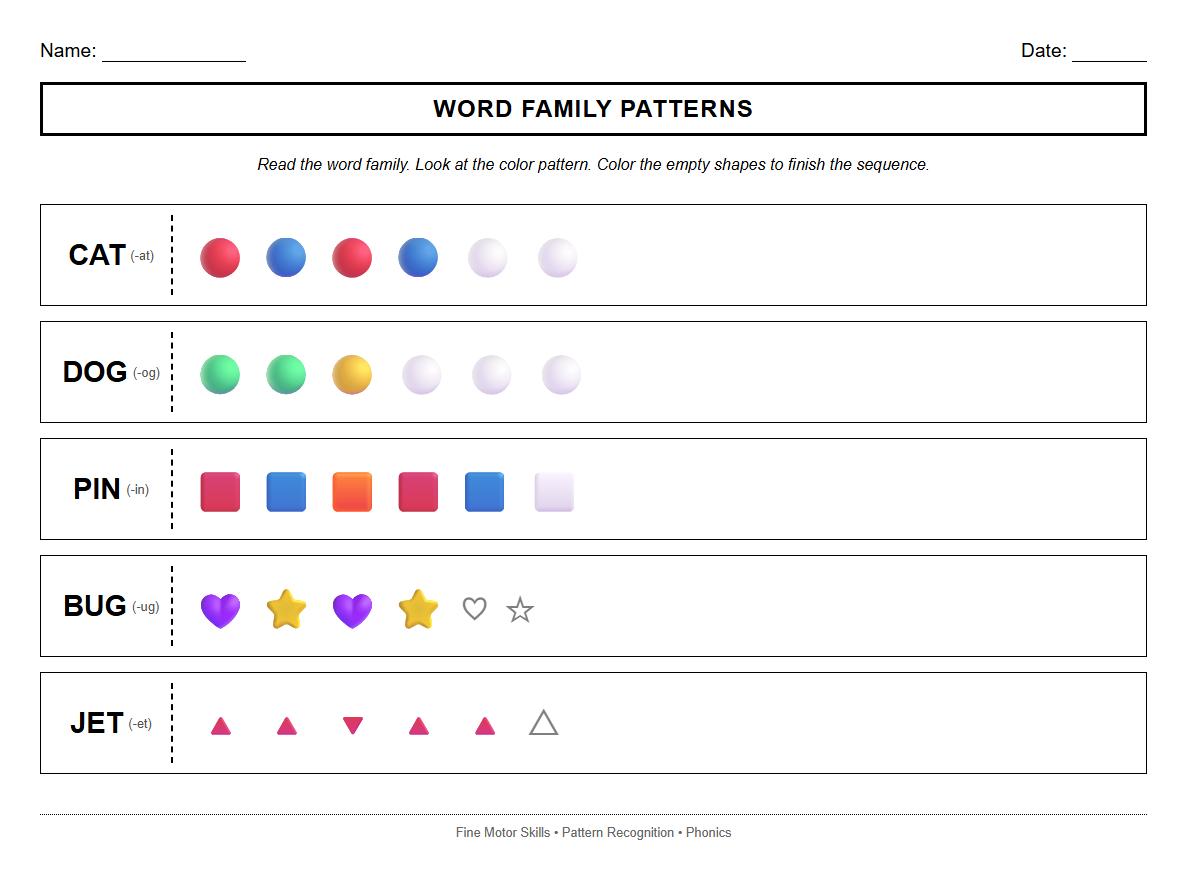 Word Family Color Pattern Sequencing Sheet