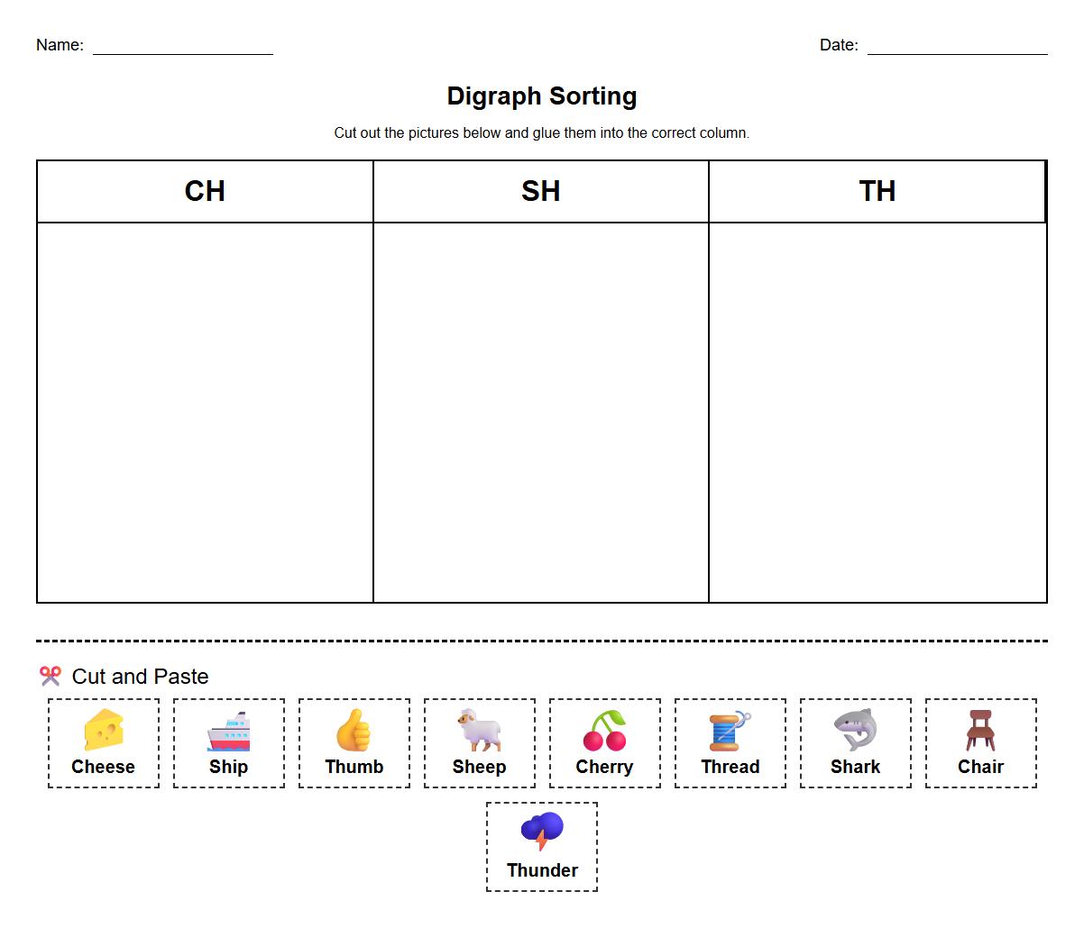 Word Family Digraph Sorting Worksheet