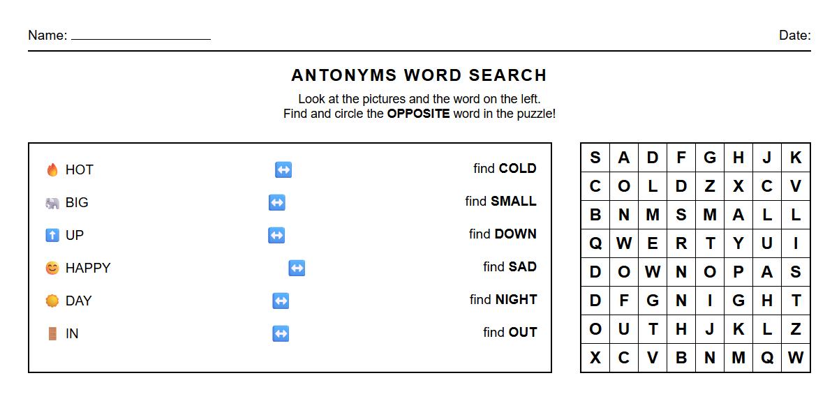 Word Search Antonyms Puzzle for Cognitive Skill Building