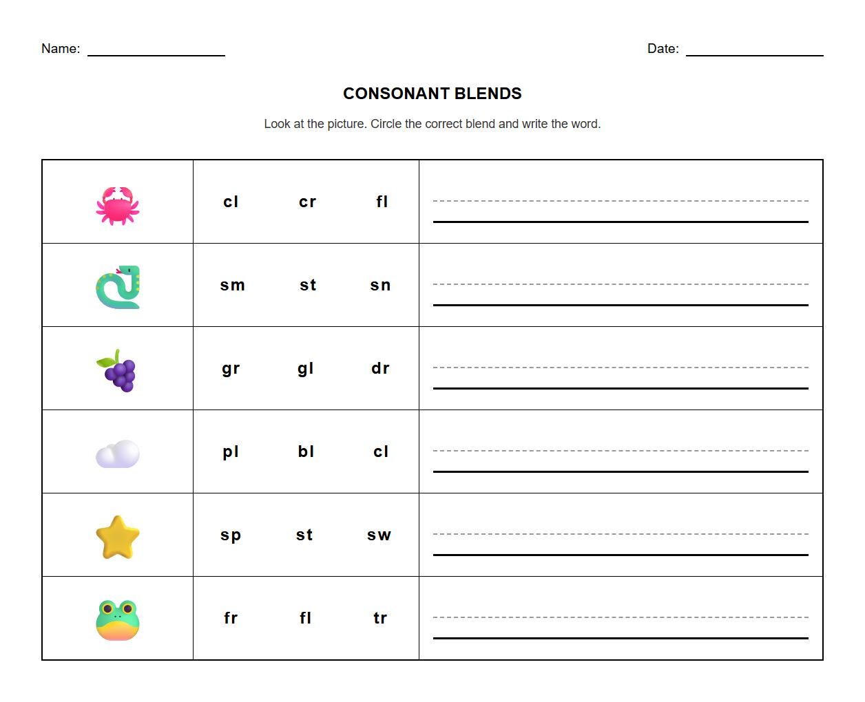 Write and Read Consonant Blend Words Practice