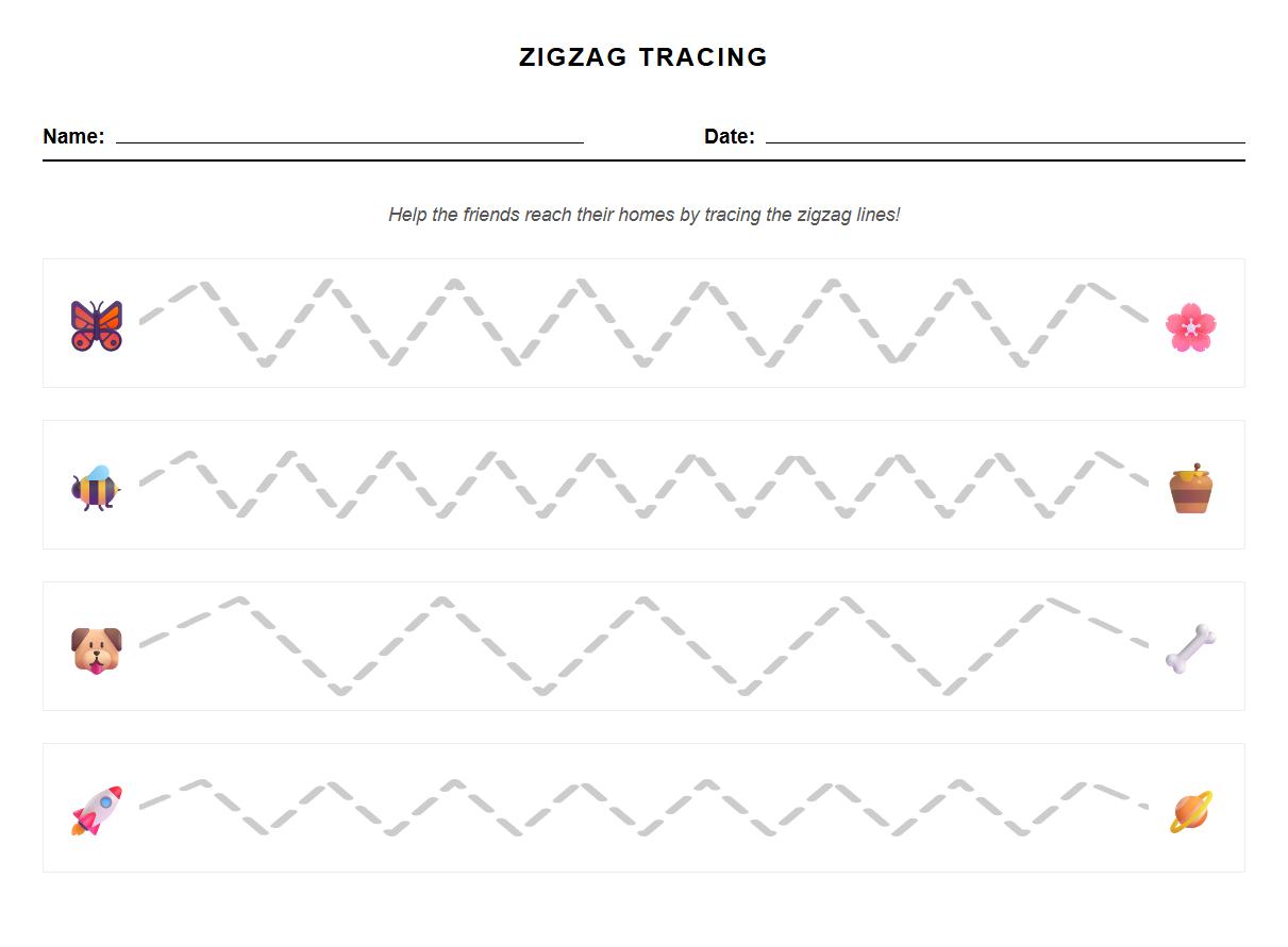 Zigzag line tracing sheet to enhance prewriting control and hand eye coordination