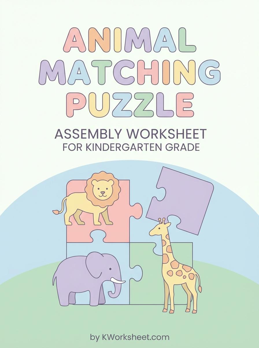 Animal Matching Puzzle Assembly Worksheet for Kindergarten Grade