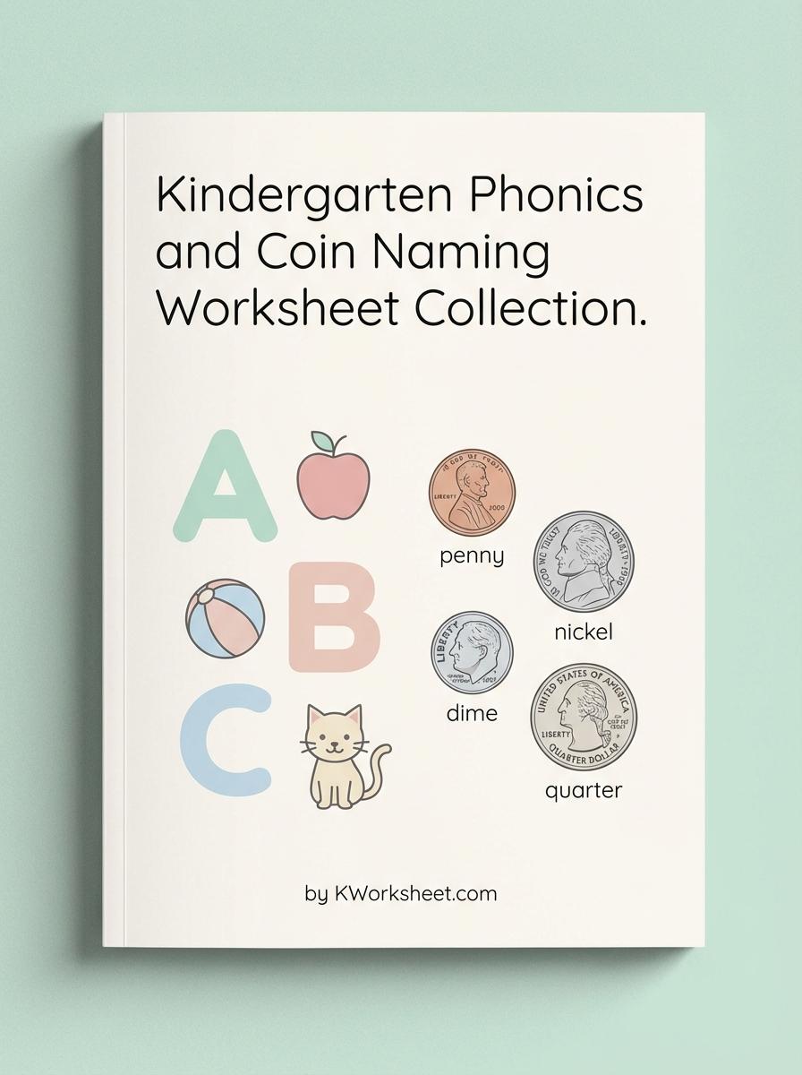 Kindergarten Phonics and Coin Naming Worksheet Collection