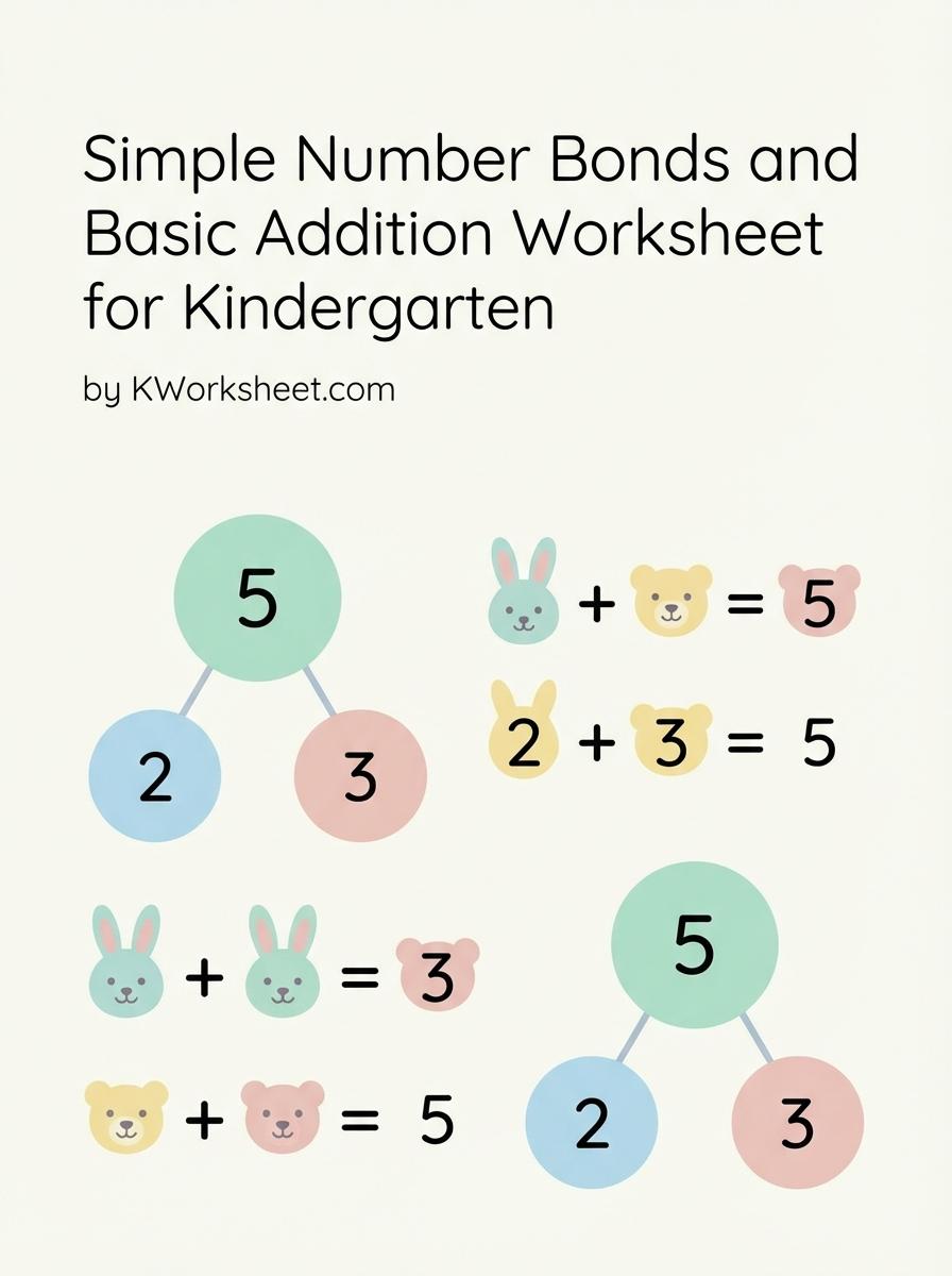 Simple Number Bonds and Basic Addition Worksheet for Kindergarten